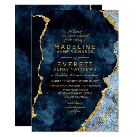 Navy Blue Gold Foil Agate Wedding Invitations Zazzle Agate