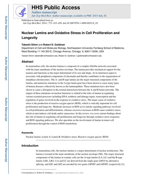 PDF Nuclear Lamins And Oxidative Stress In Cell Proliferation And