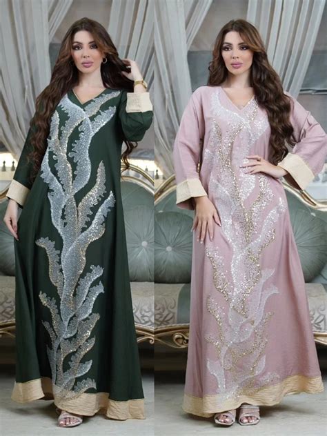 Eid Jalabiya Sequins Muslim Party Dress For Women Abaya Lace Up Arab