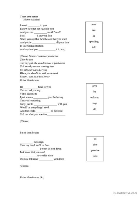 Treat You Better Shawn Mendes English Esl Worksheets Pdf Doc