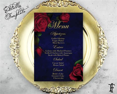 Beauty And The Beast 5x7 Wedding Menu Rose Menu Editable Etsy