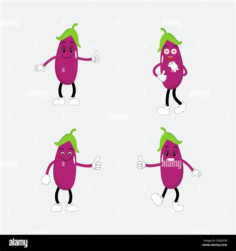 Cute Eggplant Character Vector Illustration Flat Eggplant Cartoon