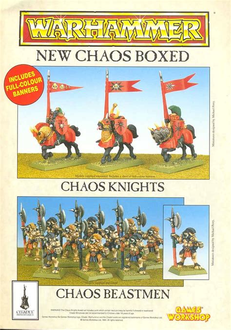 Chaos Knights; Chaos Beastmen | Fantasy miniatures, Warhammer fantasy, Retro graphic design