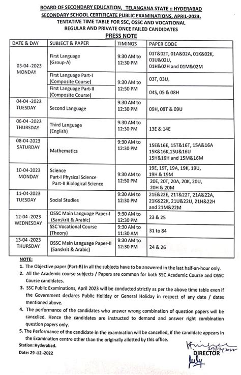 Ts Ssc Th Exams Time Table Bse Telangana Schedule For Class X