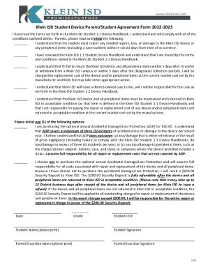 Fillable Online Klein Isd Student Device Parent Student Agreement Form