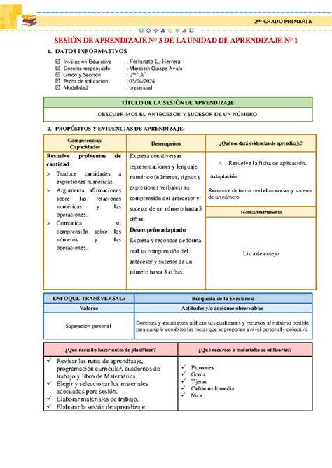 Sesion De Aprendizaje Del Antecesor Y Sucesor De Un Numero Sesi N De