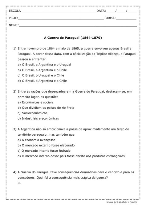 Atividade De Hist Ria A Guerra Do Paraguai Ano Do