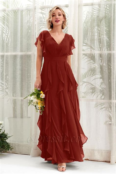 Bridesmaid Dress A Line Chiffon V Neck Floor Length Short Sleeve