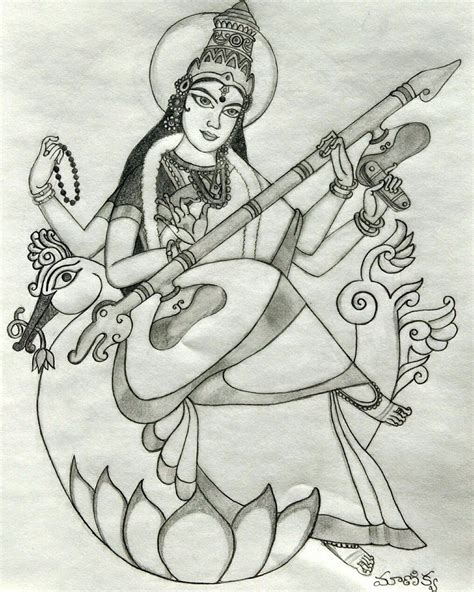 Saraswati Devi Pencil Drawings Capturing The Essence Of Knowledge And