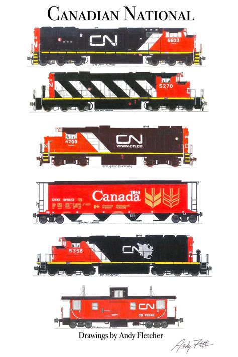 The Canadian National Train Cars Are Lined Up In Different Colors And