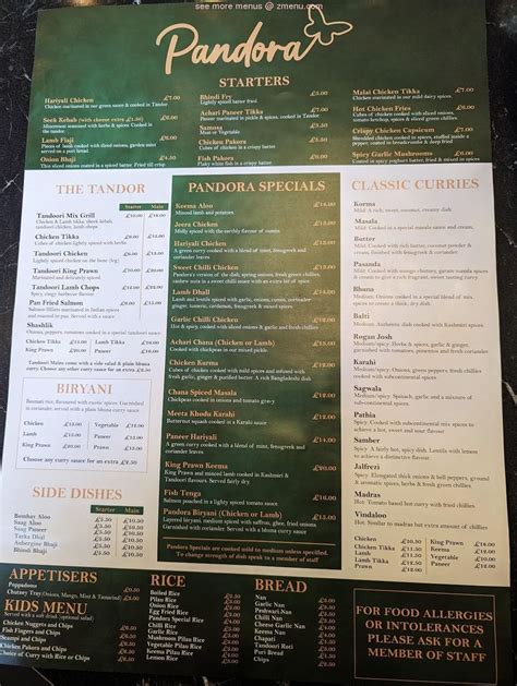 Menu at Pandora Littleborough restaurant, Littleborough