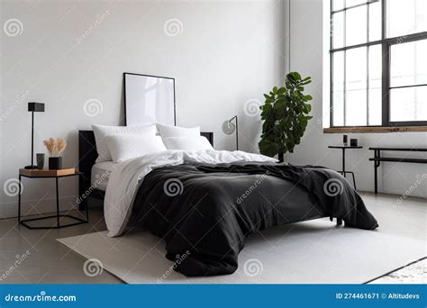 Minimalist Bedroom with Black Furniture and White Bedding Stock Illustration - Illustration of ...