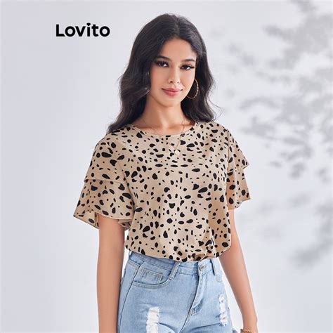 Lovito Casual Polka Dot Double Layer Blouse For Women LBE03008 Khaki