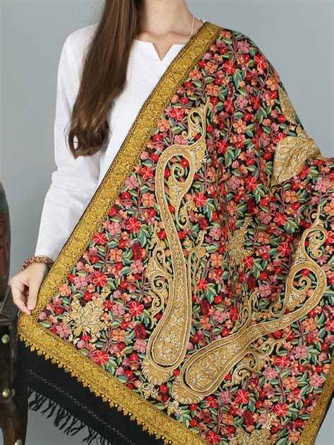 Stole From Kashmir With All Over Multicolored Aari Hand Embroidered