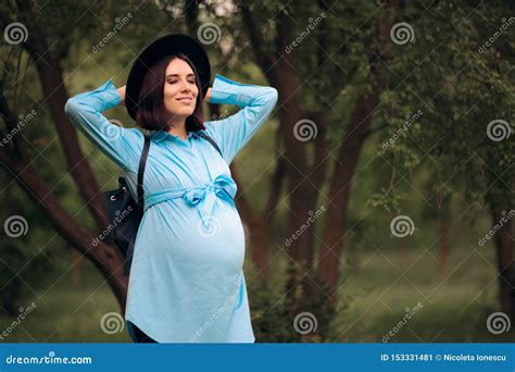 Trendy Pregnant Woman Wearing Hat And Backpack Stock Image Image Of