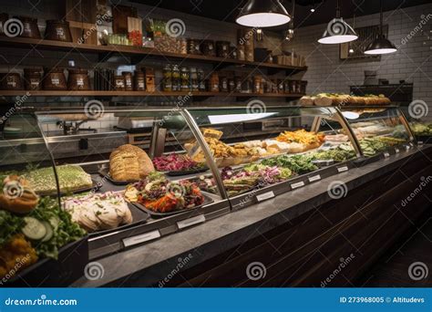 Deli Counter With Variety Of Sandwiches Wraps And Salads Stock