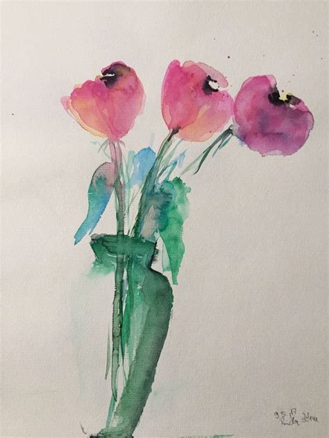 Original Aquarell Aquarellmalerei Bild Kunst Blumen In Der Vase