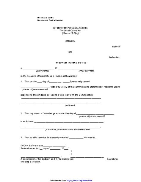 Saskatchewan Plaintiff Affidavit Of Personal Service Form Pdfsimpli