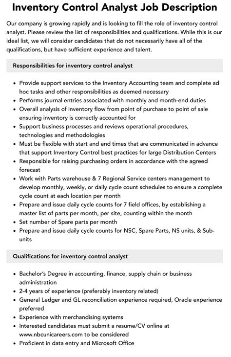 Inventory Control Analyst Job Description Velvet Jobs