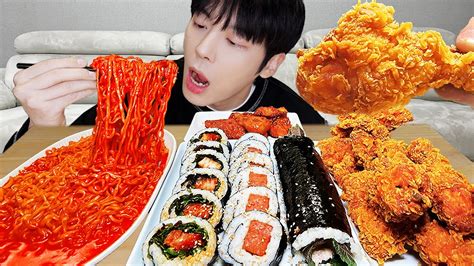 Asmr Mukbang 직접 만든 치즈 불닭볶음면 양념치킨 스팸 김밥 먹방 Fried Chicken And Fire