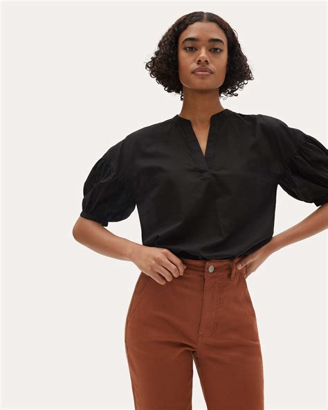 The Split Neck Puff Sleeve Air Shirt Black Everlane