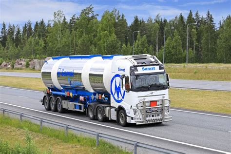 Volvo FH Truck Pulls Three Compartment Tank Trailer On Road Editorial