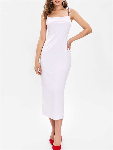 [52 Off] 2020 Spaghetti Strap Slit Midi Bodycon Dress In White Dresslily