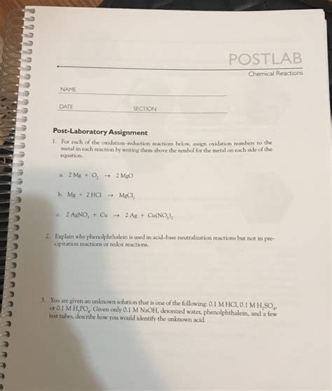 Solved POSTLAB Chemical Reactions NAME DATE SECTION Chegg