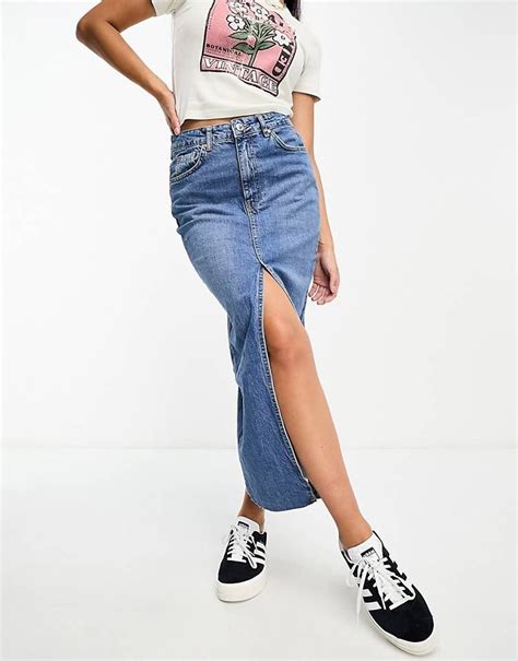 Stradivarius Denim Midi Skirt With Front Split In Midwash Blue Asos Jupe Mi Longue Jeans Et