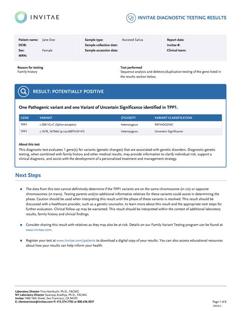 Invitae SR276 Invitae Sample Report TPP1 Positive VUS Page 1