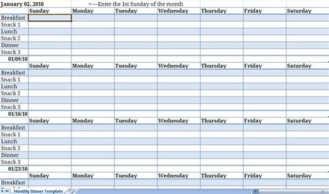 Monthly Meal Planner Template Excel