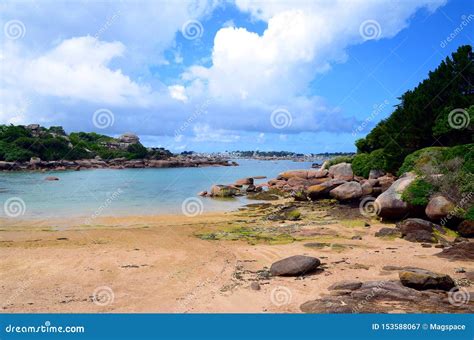 Empty Beach At Pink Granite Coast Or Cote De Granite Rose In Brittany