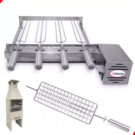 Kit Grill Inox Churrasqueira Pr Moldada Cm Gira Espetos