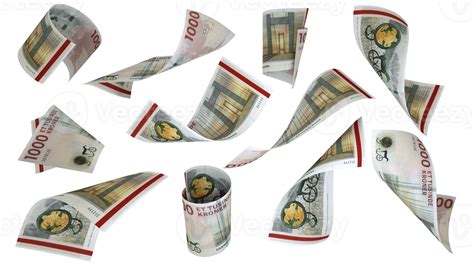 3d Rendering Of Danish Krone Notes Flying In Different Angles And Orientations Isolated On