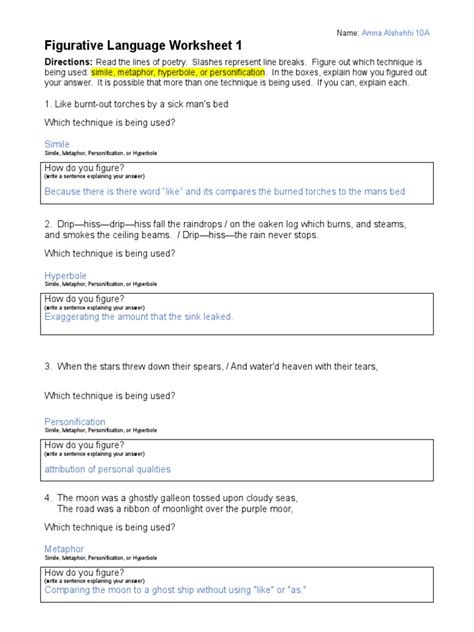 Figurative Language Worksheet 01 Pdf Metaphor Poetic Devices