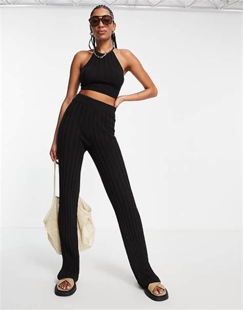 Asos Design Tall Co Ord Knitted Wide Leg Trouser And Halter Neck Top In Black Asos