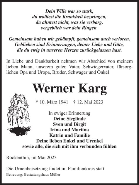 Traueranzeigen Von Werner Karg Abschied Nehmen De