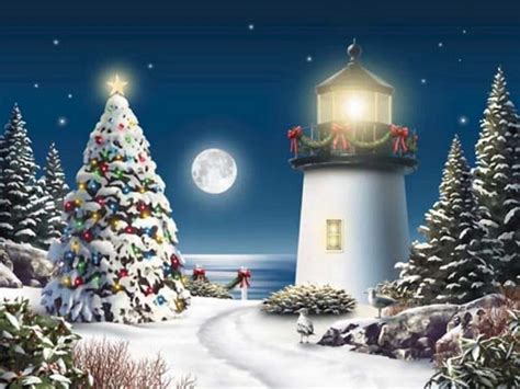 Endless Night Stars Christmas Ocean Sky Clouds Lighthouse Moon