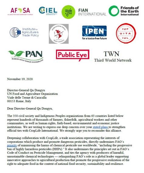 Letter To Fao Pesticide Action Network Uk