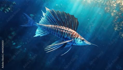 Ikan marlin besar di lautan biru, pemandangan hewan lautan yang memukau Stock Illustration ...