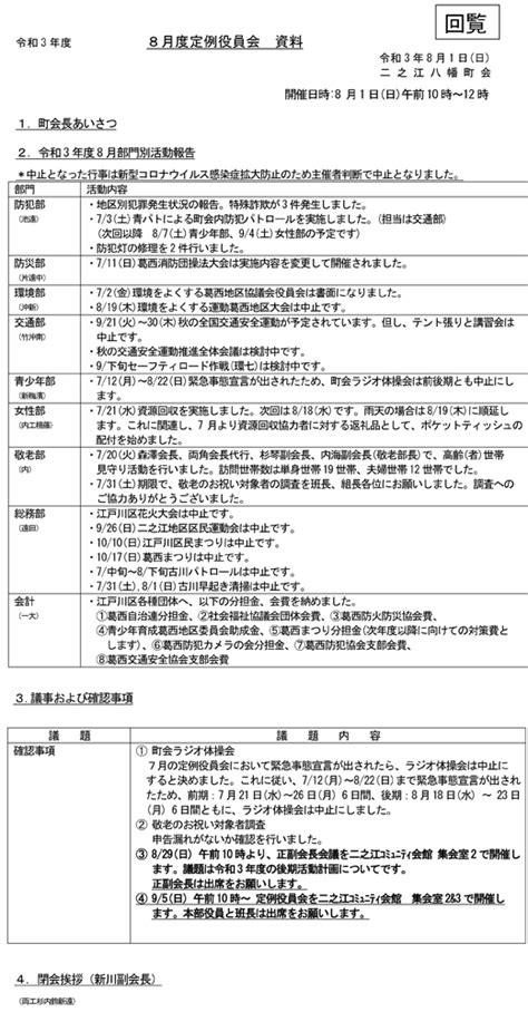 令和3年 8月度定例役員会 報告 二之江八幡町会