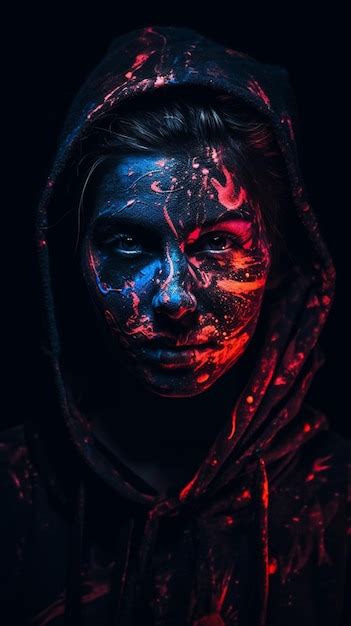 Una Mujer Con Un Rostro Oscuro Y Una Pintura Roja Y Azul En Su Rostro