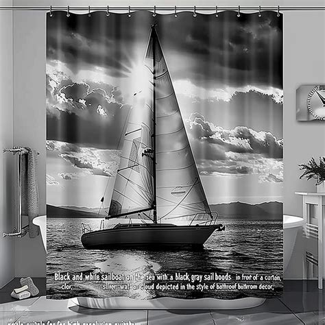 Black And White Sailboat On Stormy Sea Shower Curtain Hyperrealistic