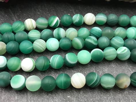 8mm Frosted Green Banded Agate Beads Grade A Full Or Half Strand Striped Agate Matte Green