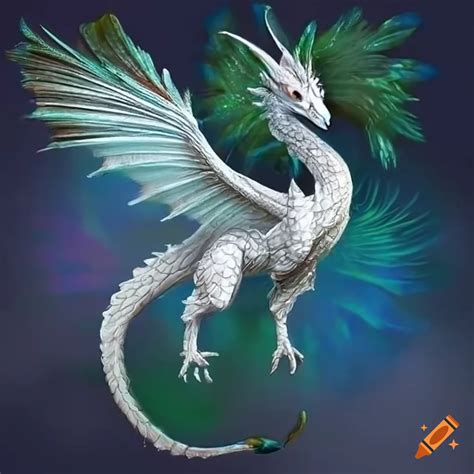 Digital Art Of A Majestic White Dragon With Peacock Like Feathers On