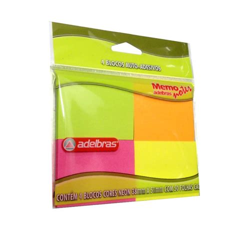 BLOCO ADESIVO POST IT NEON CORES PEQ 38X51 C 4 BLOCOS DE 50 FLS