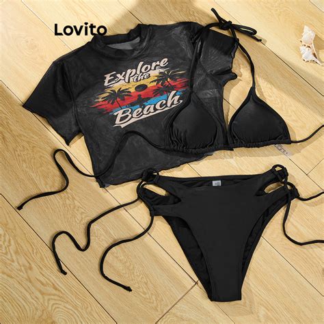 Lovito Women Boho Letter Contrast Mesh Cut Out Bikini Sets LBL19756