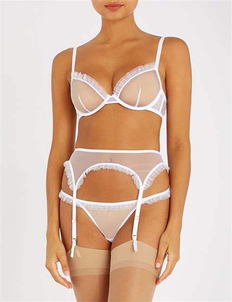 Myla Duchy Street Sheer White Tulle Bra Thong And Suspender Belt Best Lingerie Lingerie Brand