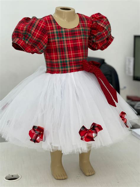 Vestido Natal Xadrez Vermelho Tule Branco Infantil Festa Elo