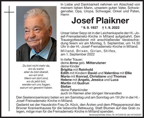 Traueranzeigen Von Josef Plaikner Trauer Bz